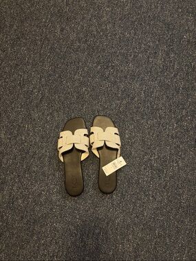 LOFT Cream Woven Slide Sandals with Black Footbed